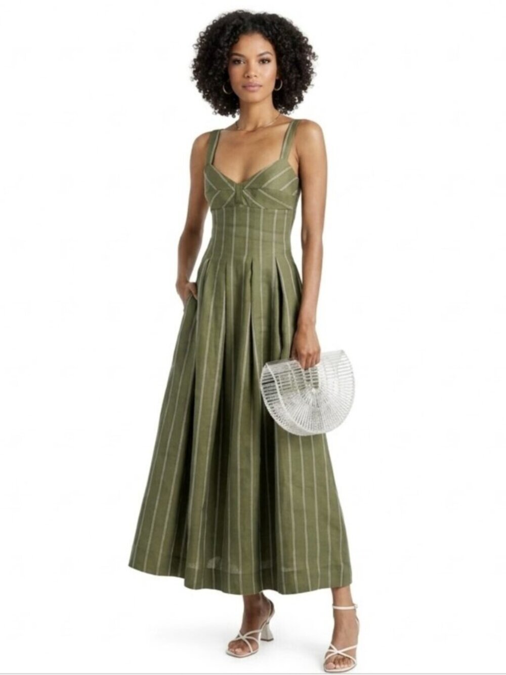 NWT NICHOLAS Selene Seamed Cami Linen Olive & White Striped Maxi Dress